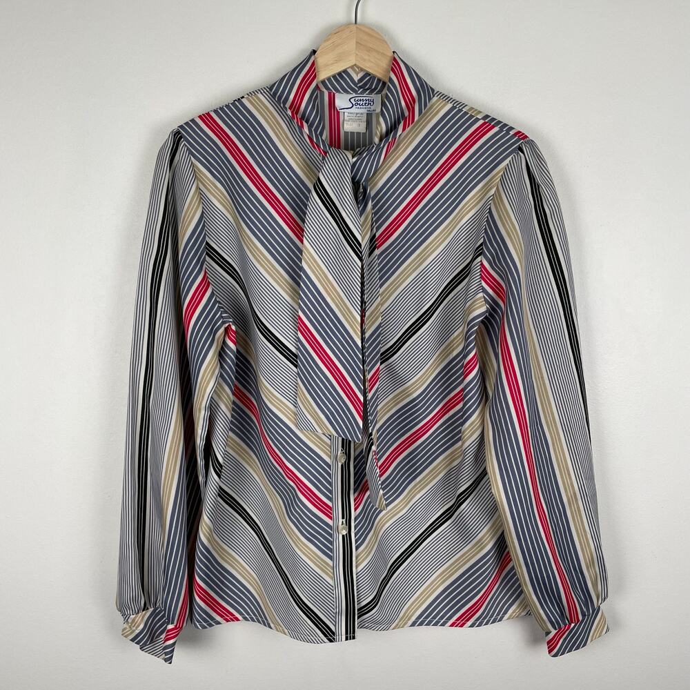 Vintage 70s Sunny South Button Up Secretary Blouse Top Striped Tie Neck Sz 12